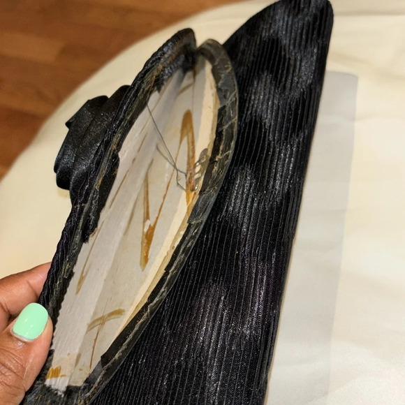 Vintage style satin pleated flower detail black evening clutch bag. - Picture 9 of 15